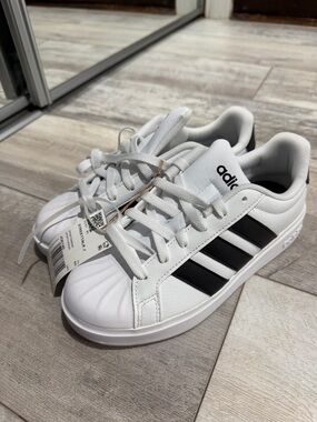 adidas Kids White Sneakers with Black Three-Stripes